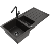 Mexen Andres 1.5-bowl granite sink with drainer and Flora kitchen tap, black/gold - 6515-75-670401-70-B