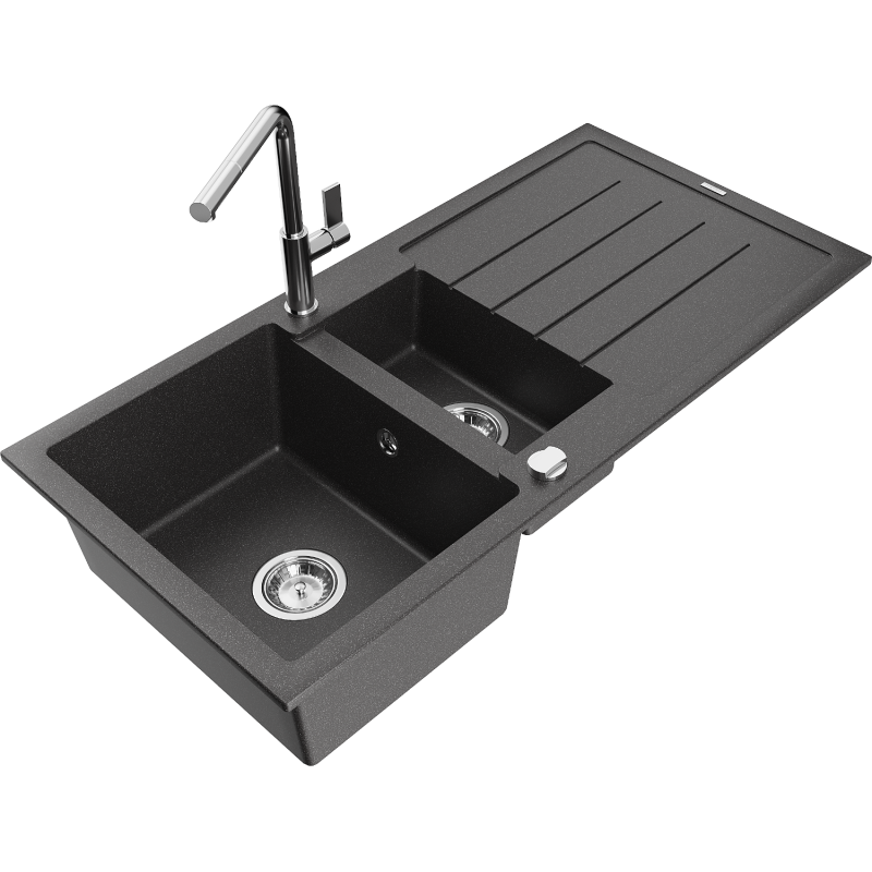 Mexen Andres granite sink 1.5-bowl with drainer and Flora kitchen tap, black speckled - 6515-76-670401-00