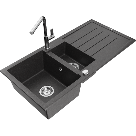 Mexen Andres granite sink 1.5-bowl with drainer and Flora kitchen tap, black speckled - 6515-76-670401-00