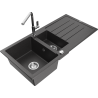 Mexen Andres granite sink 1.5-bowl with drainer and Flora kitchen tap, black speckled - 6515-76-670401-00