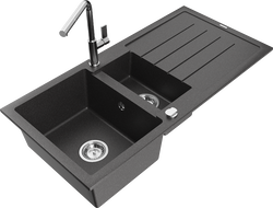 Mexen Andres granite sink 1.5-bowl with drainer and Flora kitchen faucet, speckled black - 6515-76-670401-00