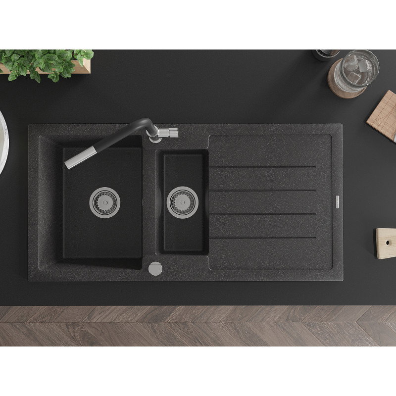 Mexen Andres 1.5-bowl granite sink with drainer and Flora kitchen tap, speckled black - 6515-76-670401-07