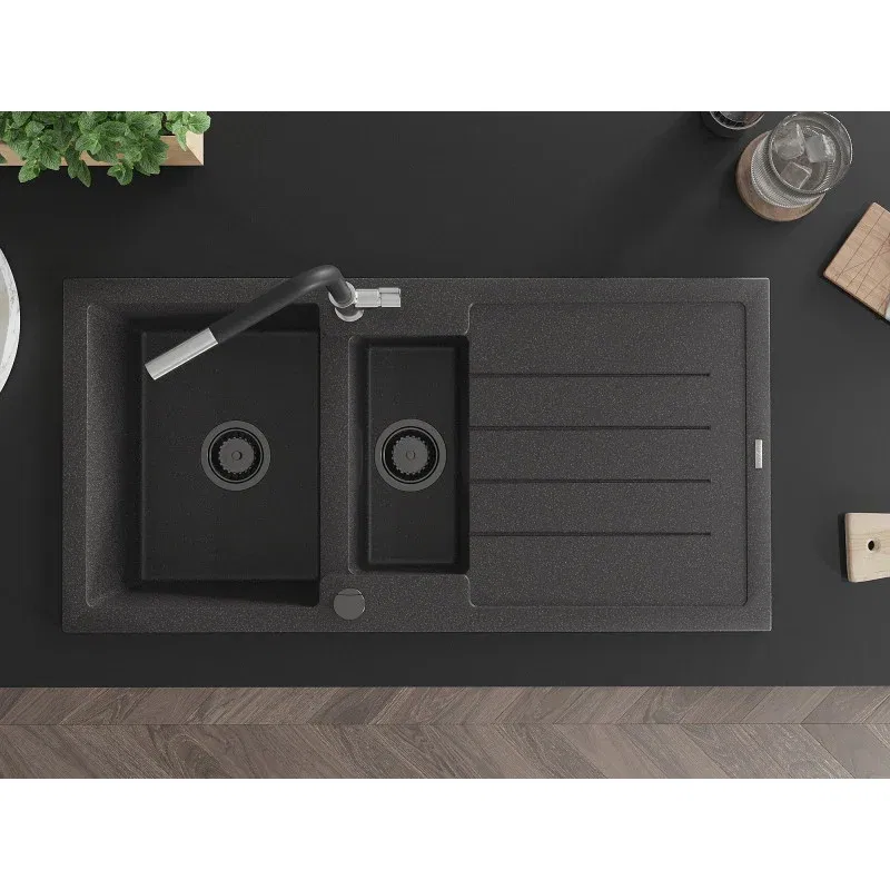 Mexen Andres Granitspüle 1,5 Kammern mit Abtropffläche und Küchenarmatur Flora, schwarz gesprenkelt - 6515-76-670401-07-B