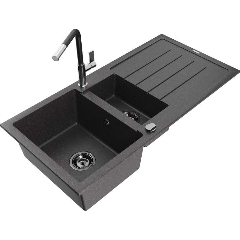 Mexen Andres fregadero de granito de 1,5 senos con escurridor y grifo de cocina Flora, negro moteado - 6515-76-670401-07-B