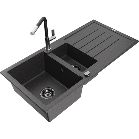 Mexen Andres granite sink 1.5-bowl with drainer and Flora kitchen tap, speckled black - 6515-76-670401-07-B