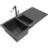 Mexen Andres granite sink 1.5-bowl with drainer and Flora kitchen tap, speckled black - 6515-76-670401-07-B