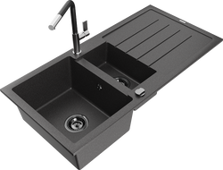 Mexen Andres Granit-Spullsteen mat 1,5 Becken mat Oflaaf an Kichenkran Flora, schwaarz gesprenkelt - 6515-76-670401-07-B