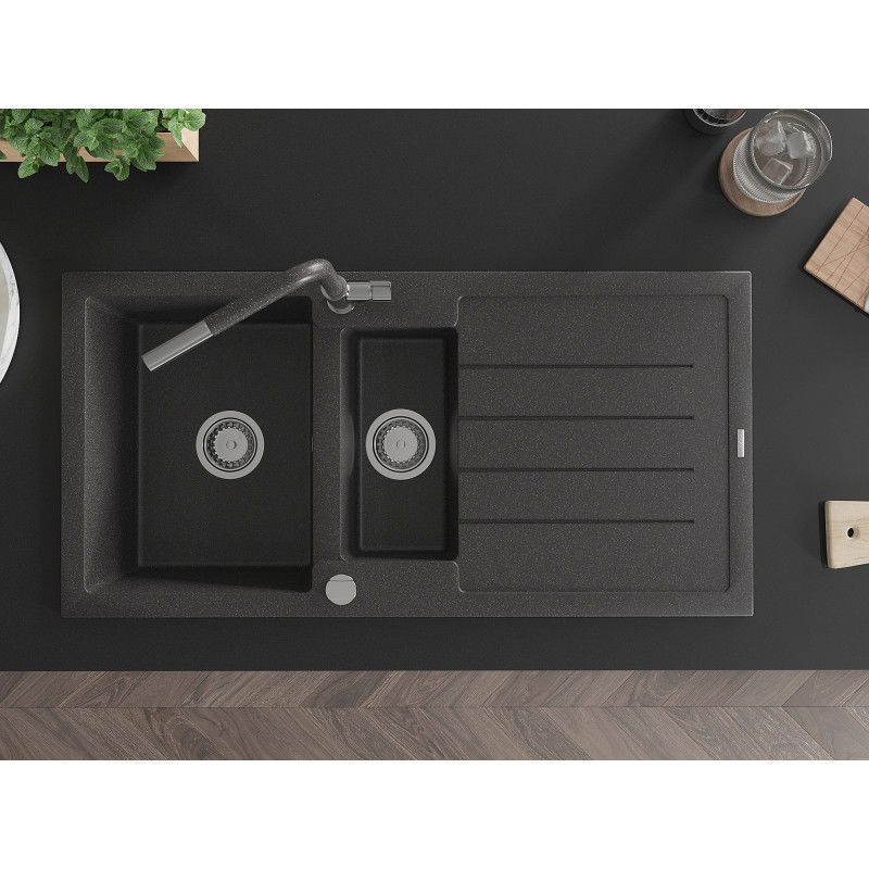 Mexen Andres granīta izlietne 1,5 nodalījumu ar notecētavu un virtuve krānu Flora, melnā krāsā ar plankumiem - 6515-76-670401-08