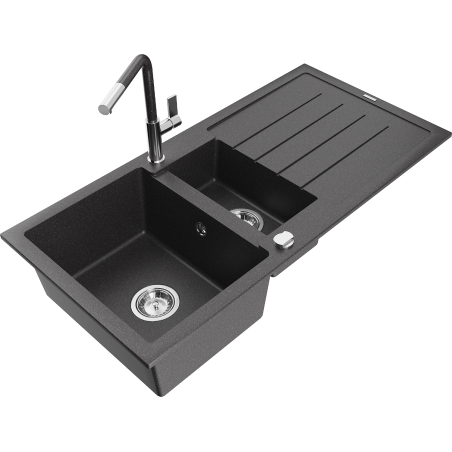 Mexen Andres 1,5-Kammer-Granitzspüle mit Abtropffläche und Küchenarmatur Flora, schwarz gesprenkelt - 6515-76-670401-08