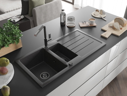 Mexen Andres granite sink 1.5-bowl with drainer and Flora kitchen faucet, black speckled - 6515-76-670401-08-B