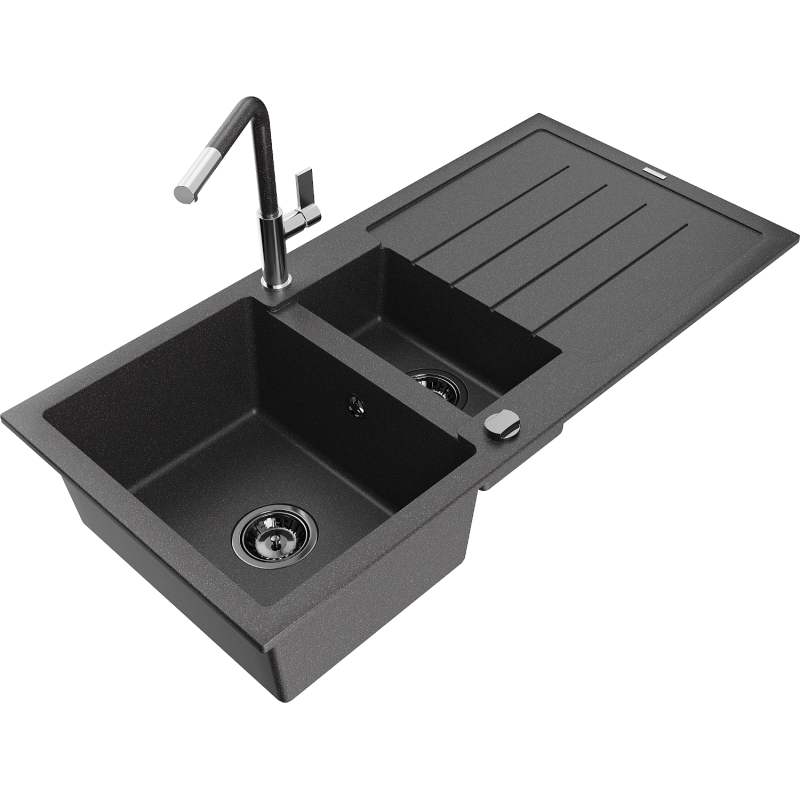 Mexen Andres 1.5-bowl granite sink with drainer and Flora kitchen tap, black speckled - 6515-76-670401-08-B