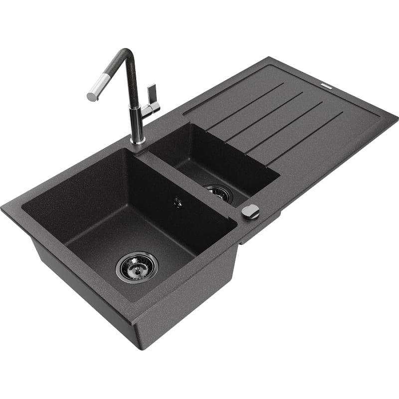 Mexen Andres granitische spoelbak 1,5-komor met afdruiprek en keukenmengkraan Flora, zwart gespikkeld - 6515-76-670401-08-B