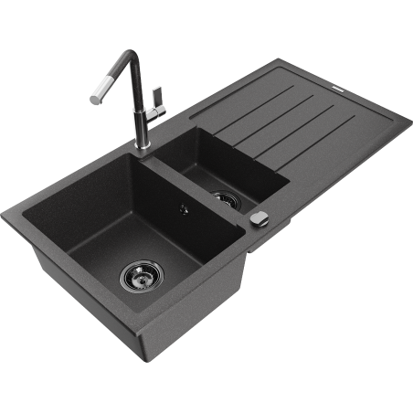 Mexen Andres 1.5-bowl granite sink with drainer and Flora kitchen tap, black speckled - 6515-76-670401-08-B