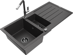 Mexen Andres 1.5-bowl granite sink with drainer and Flora kitchen tap, black speckled - 6515-76-670401-08-B