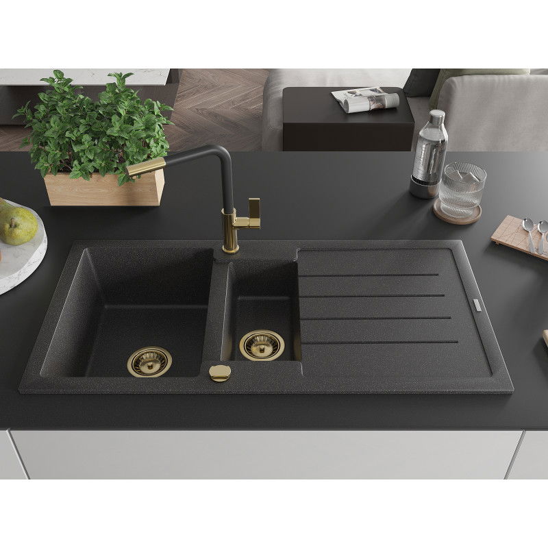 Mexen Andres granite sink 1.5-bowl with drainer and Flora kitchen tap, speckled black - 6515-76-670401-57-G