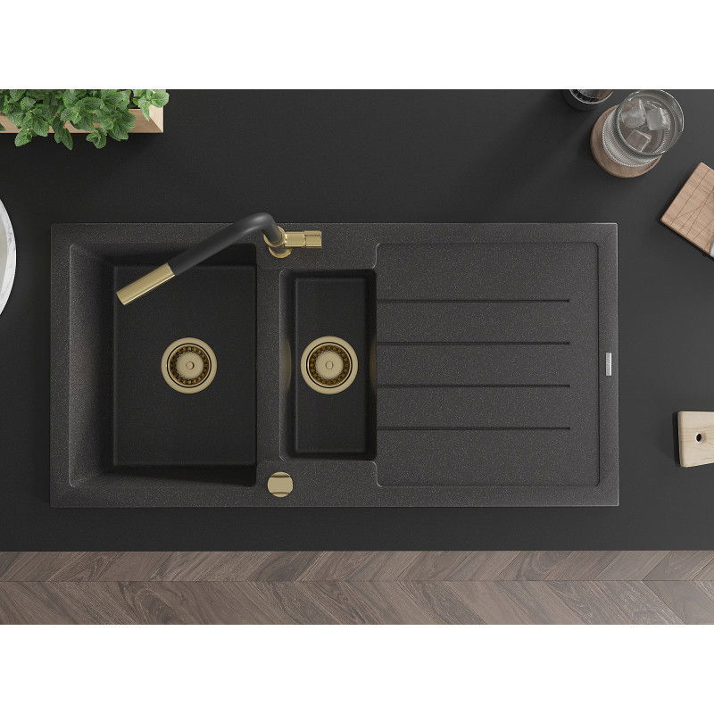 Mexen Andres granite sink 1.5-bowl with drainer and Flora kitchen tap, speckled black - 6515-76-670401-57-G
