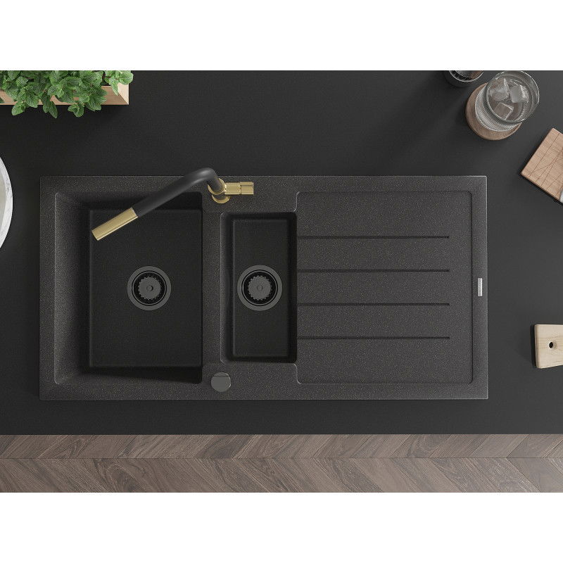 Mexen Andres granite sink 1.5-bowl with drainer and Flora kitchen tap, black speckled - 6515-76-670401-57-B