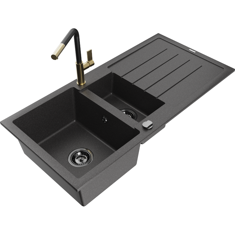 Mexen Andres granite sink 1.5-bowl with drainer and Flora kitchen tap, black speckled - 6515-76-670401-57-B