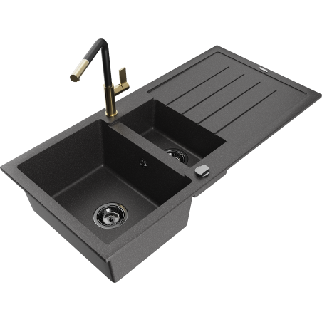 Mexen Andres granite sink 1.5-bowl with drainer and Flora kitchen tap, black speckled - 6515-76-670401-57-B