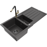 Mexen Andres granite sink 1.5-bowl with drainer and Flora kitchen tap, black speckled - 6515-76-670401-57-B