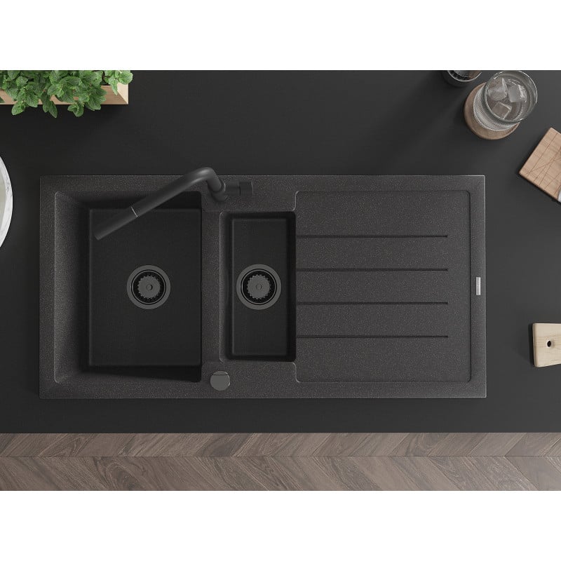 Mexen Andres lavatório de granito 1,5-bacia com escorredor e torneira de cozinha Flora, preto salpicado - 6515-76-670401-70-B