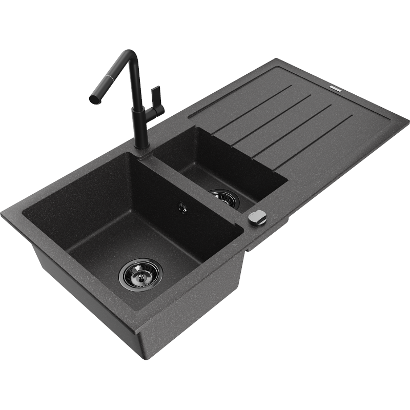 Mexen Andres fregadero de granito 1,5 senos con escurridor y grifo de cocina Flora, negro moteado - 6515-76-670401-70-B
