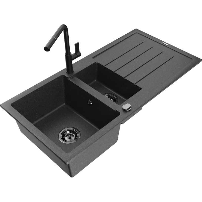Mexen Andres granite 1.5-bowl sink with drainer and Flora kitchen tap, black speckled - 6515-76-670401-70-B
