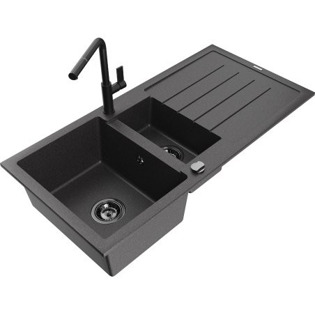 Mexen Andres granite 1.5-bowl sink with drainer and Flora kitchen tap, black speckled - 6515-76-670401-70-B