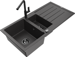 Mexen Andres granite 1.5-bowl sink with drainer and Flora kitchen tap, black speckled - 6515-76-670401-70-B