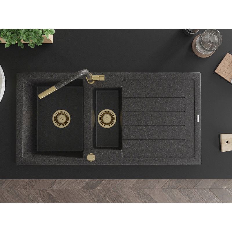 Mexen Andres graniittinen 1,5-altaallinen tiskiallas työtasolla ja Flora-keittiöhanalla, musta pilkullinen