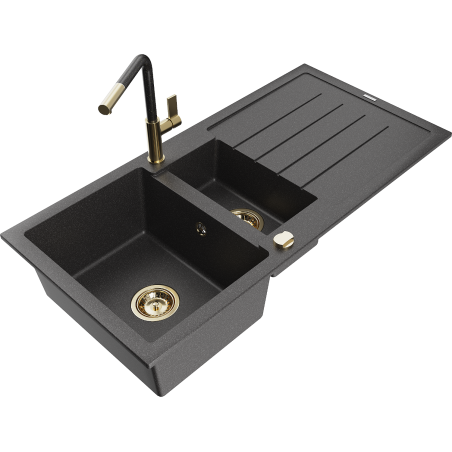 Mexen Andres 1,5-Becken Granitspüle mit Abtropffläche und Küchenarmatur Flora, schwarz gesprenkelt - 6515-76-670401-75-G