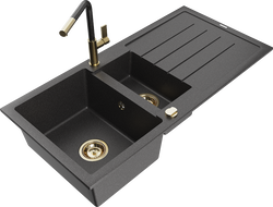 Mexen Andres granite sink 1.5-bowl with drainer and Flora kitchen tap, black speckled - 6515-76-670401-75-G