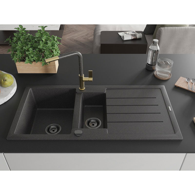 Mexen Andres granite sink 1.5-bowl with drainer and kitchen tap Flora, speckled black - 6515-76-670401-75-B