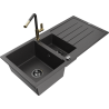 Mexen Andres granitno pomivalno korito 1,5-komorno z odcejalnikom in kuhinjsko pipo Flora, črno s pegami - 6515-76-670401-75-B