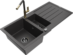 Mexen Andres granite sink 1.5-bowl with drainer and kitchen tap Flora, speckled black - 6515-76-670401-75-B