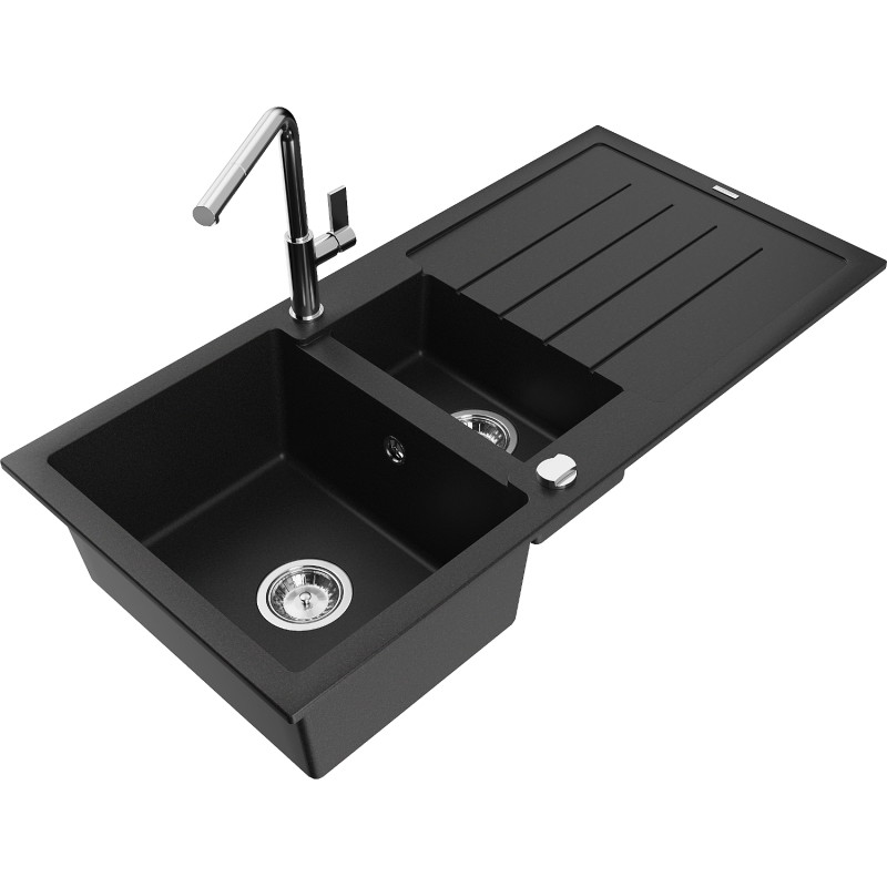 Mexen Andres fregadero de granito de 1,5 senos con escurridor y grifo de cocina Flora, negro - 6515-77-670401-00
