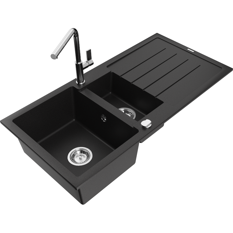 Mexen Andres Graniittinen puolitoista-altaiden keittiöallas kuivaustasolla ja Flora-keittiöhana, musta - 6515-77-670401-00