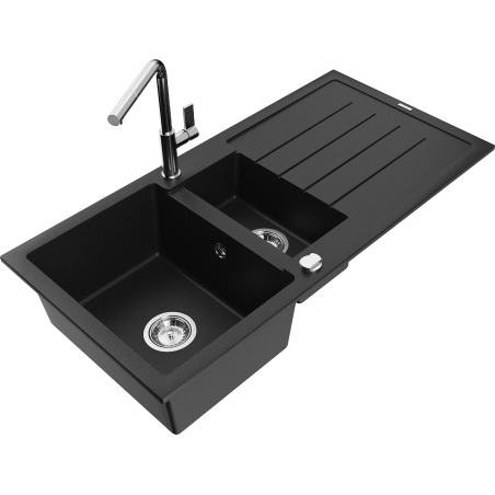 Mexen Andres 1.5-bowl Granite Sink with Drainer and Flora Kitchen Tap, Black - 6515-77-670401-00