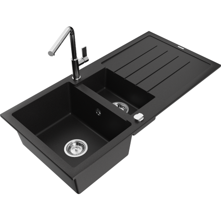 Mexen Andres évier en granit 1,5 bac avec égouttoir et robinet de cuisine Flora, noir - 6515-77-670401-00