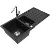 Mexen Andres 1.5-bowl Granite Sink with Drainer and Flora Kitchen Tap, Black - 6515-77-670401-00