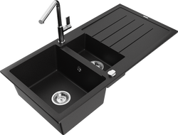 Mexen Andres 1.5-bowl Granite Sink with Drainer and Flora Kitchen Tap, Black - 6515-77-670401-00