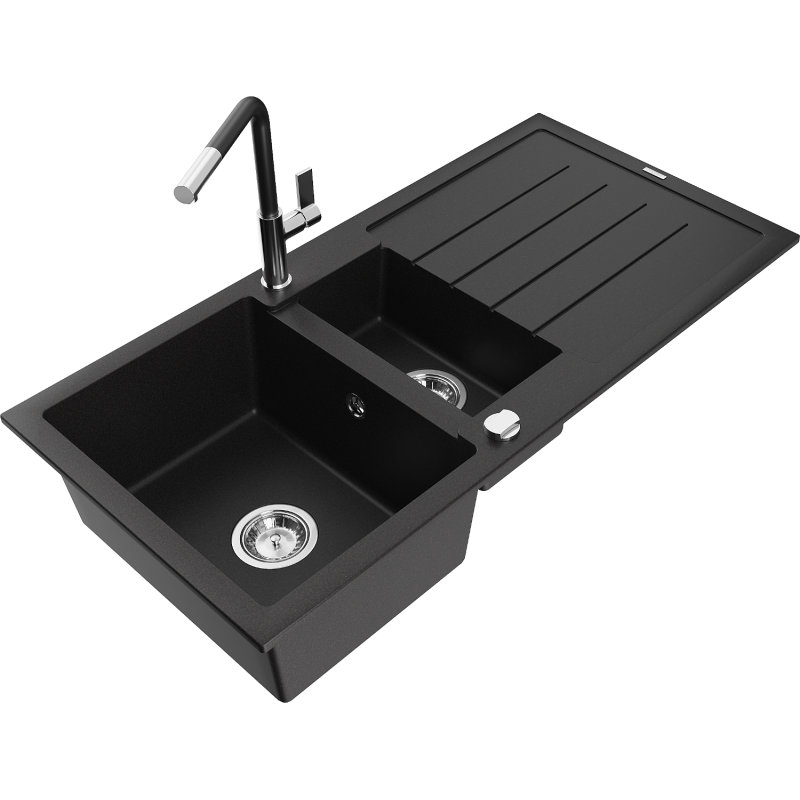 Mexen Andres Granitspüle 1,5-Becken mit Abtropffläche und Küchenarmatur Flora, schwarz - 6515-77-670401-07