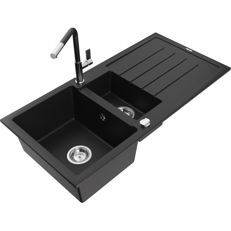 Mexen Andres Granitspüle 1,5-Becken mit Abtropffläche und Küchenarmatur Flora, schwarz - 6515-77-670401-07