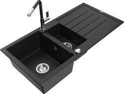 Mexen Andres granite sink 1.5-bowl with drainer and Flora kitchen tap, black - 6515-77-670401-07
