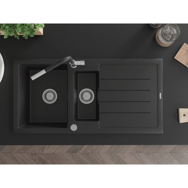 Mexen Andres granite sink 1.5-bowl with drainer and Flora kitchen tap, black - 6515-77-670401-07