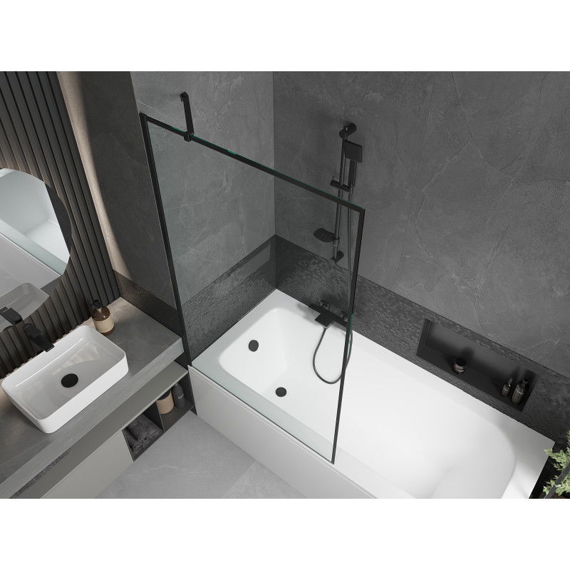 Mexen Vega Rechteckige Badewanne 180 x 80 cm mit Verkleidung und 1-flügeligem Sichtschutz 100 cm, schwarzes Muster