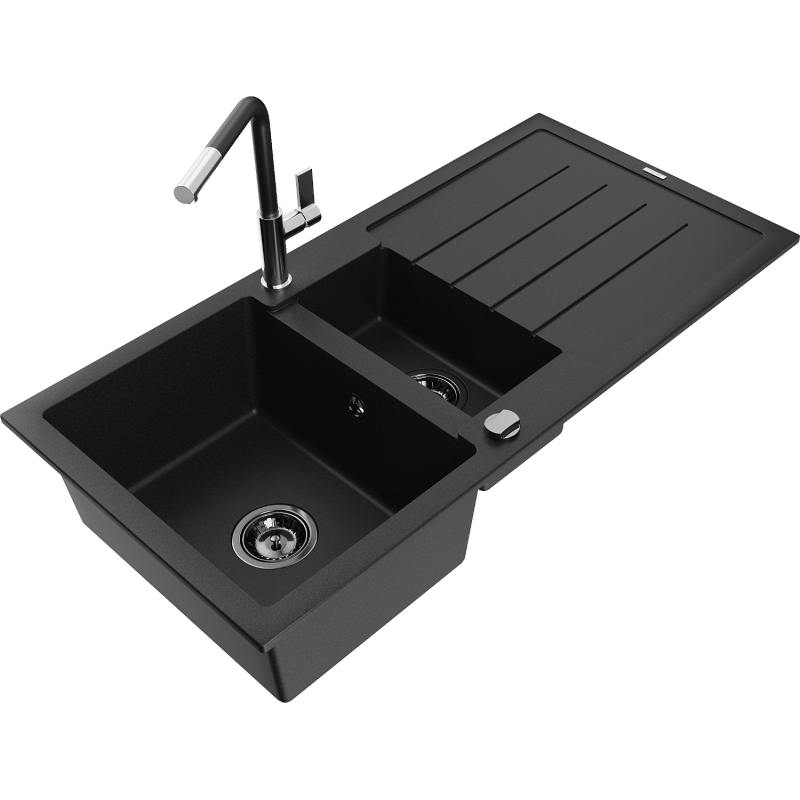 Mexen Andres granite sink 1.5-bowl with drainer and kitchen tap Flora, black - 6515-77-670401-07-B