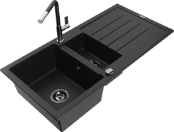 Mexen Andres granite sink 1.5-bowl with drainer and kitchen tap Flora, black - 6515-77-670401-07-B