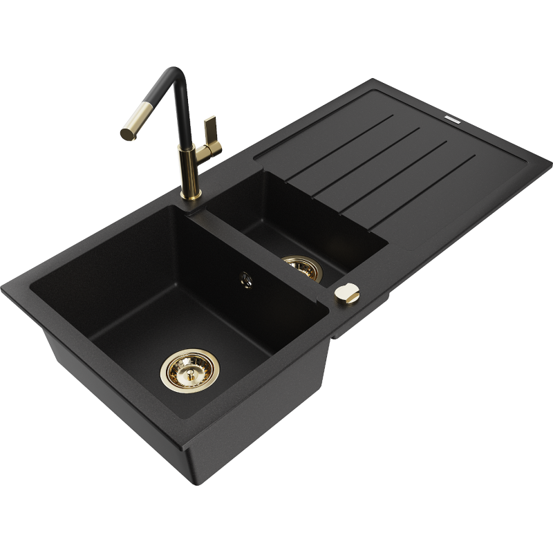 Mexen Andres lava-louças de granito 1,5-cuba com escorredor e torneira de cozinha Flora, preto - 6515-77-670401-57-G
