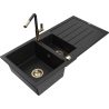 Mexen Andres granite sink 1.5-bowl with drainer and Flora kitchen tap, black - 6515-77-670401-57-G